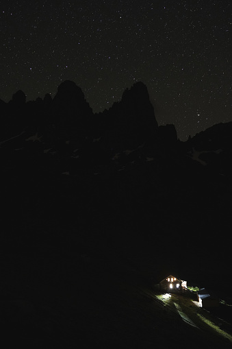 The lights of the chalet are on in the starry night, Kackar Mountain, Turkey