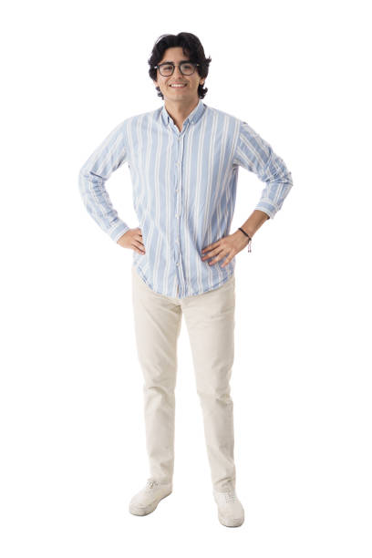 A happy young latin men standing with him hands on him back, looking at the camera and smiling.  wearing eyeglasses