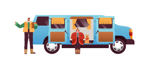 Man woman with motorhome camping van isolated Man and woman couple with dog pet in motorhome van, mobile home rv vehicle on isolated background. Flat cartoon character illustration for outdoor camping adventure or tiny house lifestyle concept. guy open car door stock illustrations