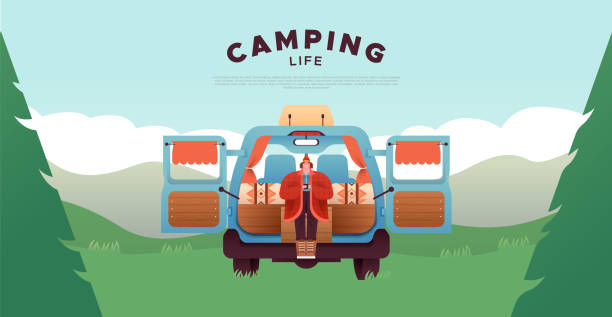 Camping template of woman in forest home van Happy woman in back of motorhome van, mobile home rv vehicle on mountain forest landscape background. Modern flat cartoon character illustration for outdoor camping adventure concept. guy open car door stock illustrations