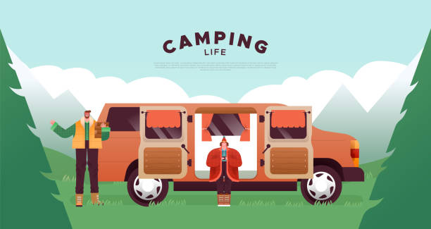 Camping lifestyle template couple in home van Man and woman couple with dog pet in motorhome van, mobile home rv vehicle on mountain forest background. Flat cartoon character illustration for outdoor camping adventure concept. guy open car door stock illustrations