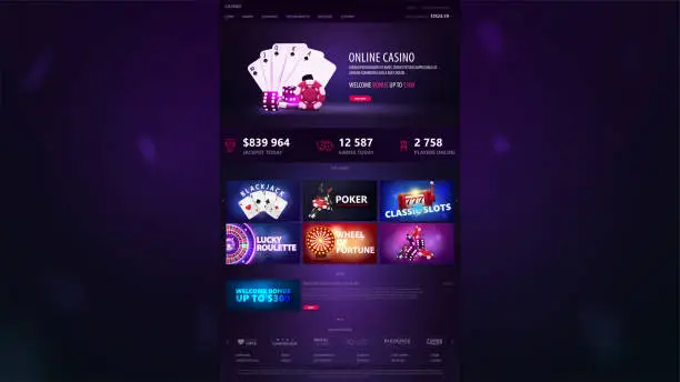 Vector illustration of Online casino, template of website of casino with web banners and casino elements. Purple design of website