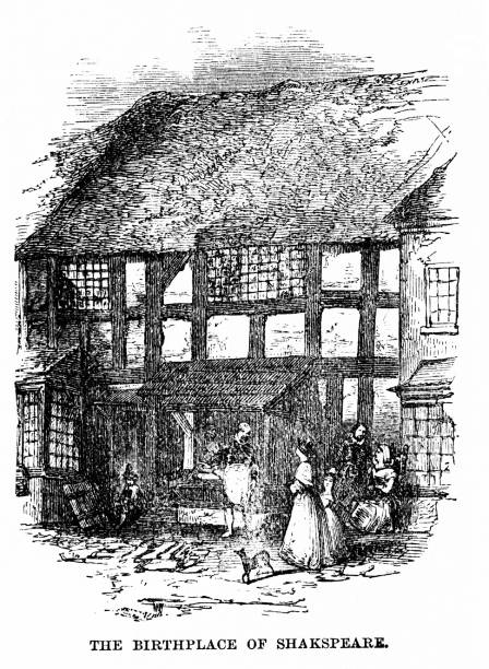 William Shakespeare's Birthplace in Warwickshire, England Birthplace of William Shakespeare (April 26 1564 – April 23, 1616),. an English poet, playwright, and actor. The house is a16th-century house situated in Henley Street, Stratford-upon-Avon, Warwickshire, England.  Illustration published 1863, Source: Original edition is from my own archives. Copyright has expired and is in Public Domain. william shakespeare poet illustration and painting engraved image stock illustrations