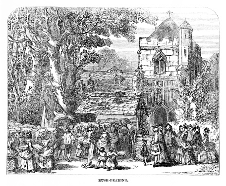 During Rushbearing Festival farmers brought harvested straw to the Episcopal Church in England and covered the dirt floors. The practice stopped in the 19th century when church floors were paved. Illustration published 1863. Source: Original edition is from my own archives. Copyright has expired and is in Public Domain.