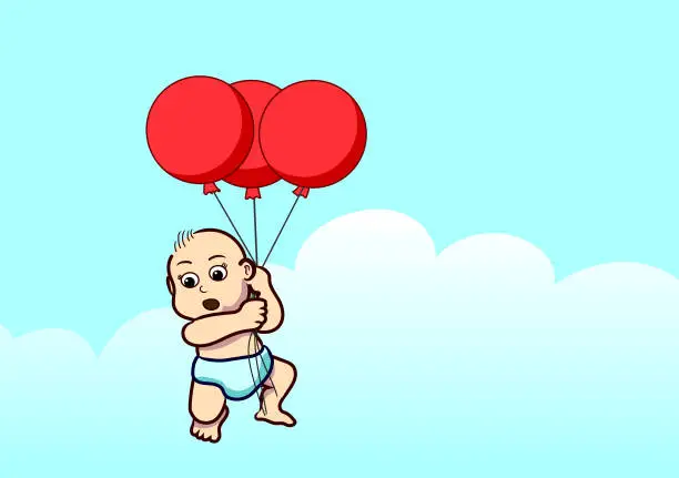 Vector illustration of Baby floating in the air with a balloon vector