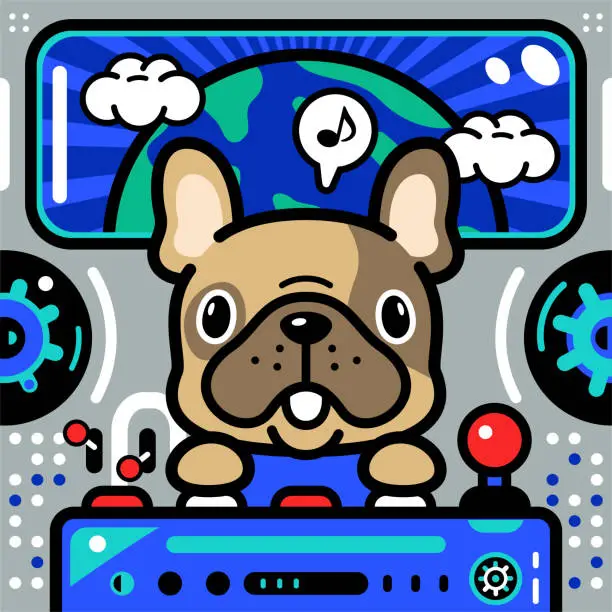 Vector illustration of A cute piebald French bulldog is piloting an Unlimited Power Spaceship to help save the Earth