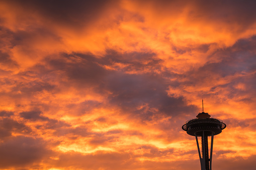 Seattle, USA - Jul 6, 2022: The Space Needle with a vivid sunset.