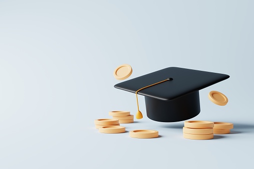 Graduations cap with money coins on light blue background. Money savings for education, Scholarship, Academic tuition fees, invest in knowledge, financial planning for future concept. 3d rendering
