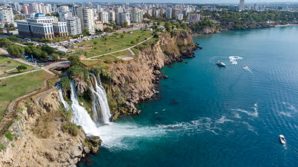 istock Waterfall Duden (Karpuzkaldiran selalesi) falling into the Mediterranean sea. Waterfall falling into sea. Waterfall stream. Aerial drone shooting. Antalya - Turkey 1414321426