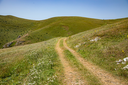 Mountain road in spring ridge landscape. Mountain hill road panorama