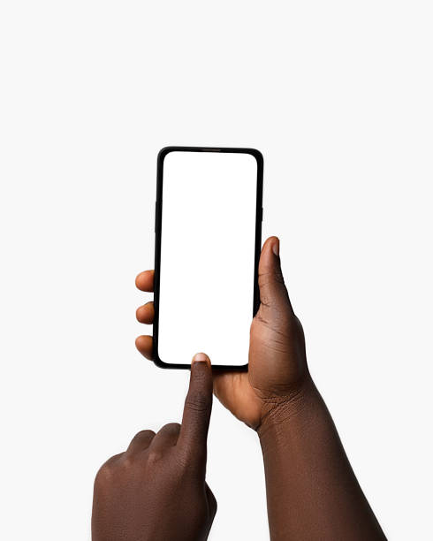 istock Black hand holding and pressing phone screen facing camera isolated on white background. blank screen, phone screen mockup, front view, clipping path, clipping mask 1414324073