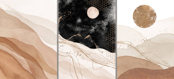 istock Abstract Arrangements. Landscapes, desert, mountains. Digital Print set. Posters. Terracotta, blush, pink, peach, grey, ivory, black, beige watercolor Illustration and gold elements. 1414325204