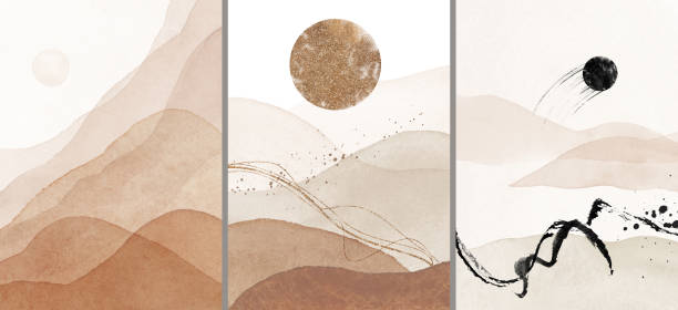 istock Abstract Arrangements. Landscapes, desert, mountains. Digital Print set. Posters. Terracotta, blush, pink, peach, grey, ivory, black, beige watercolor Illustration and gold elements. 1414325207
