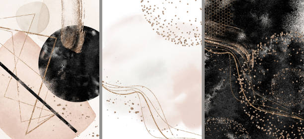 istock Abstract Texture Poster. Digital Print set. Terracotta, blush, pink, ivory, beige, black watercolor Illustration and gold elements 1414325209