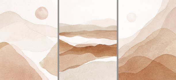 Abstract Arrangements. Landscapes, desert, mountains. Digital Print set. Posters. Terracotta, blush, pink, peach, grey, ivory, beige watercolor Illustration and gold elements. Abstract Arrangements. Landscapes, desert, mountains. Digital Print set. Posters. Terracotta, blush, pink, peach, grey, ivory, beige watercolor Illustration and gold elements, on white background. Modern print set. Wall art. Business card. watercolor painting landscapes stock illustrations