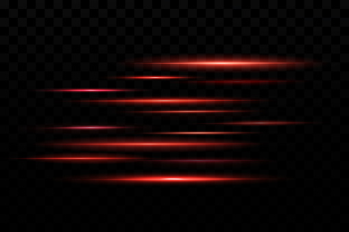 Set of red horizontal lens flares. Laser beams, horizontal light beams. Beautiful highlights. Glowing stripes on a dark background.