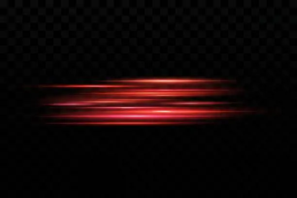 Vector illustration of Set of red horizontal lens flares. Laser beams, horizontal light beams. Beautiful highlights. Glowing stripes on a dark background.