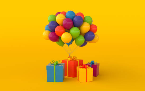 istock 3d render illustration of realistic colorful balloons and gift box with bow. background. Empty space for party, promotion social media banners, posters. 1414328500