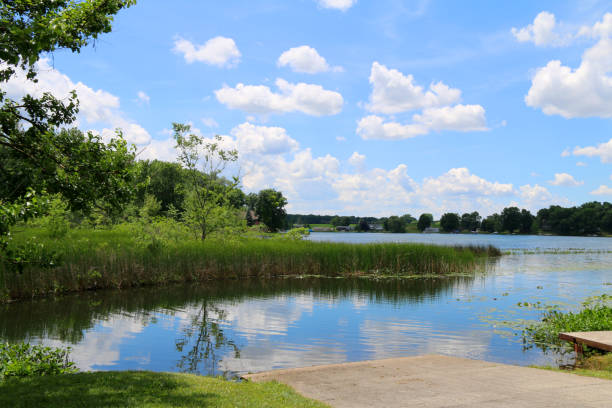 istock calm lake river rural cloud reflection blue sky boat ramp 1414331112