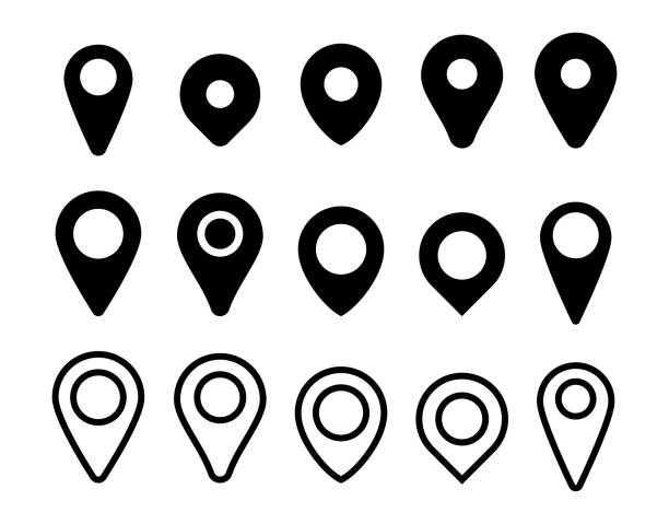 illustrations, cliparts, dessins animés et icônes de ensemble de 5 pin locator noir blanc vecteur silhouette - position