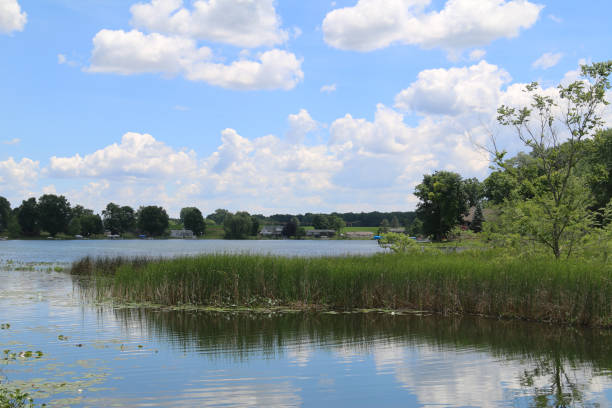lake pond water reflection blue sky tranquil rural scene