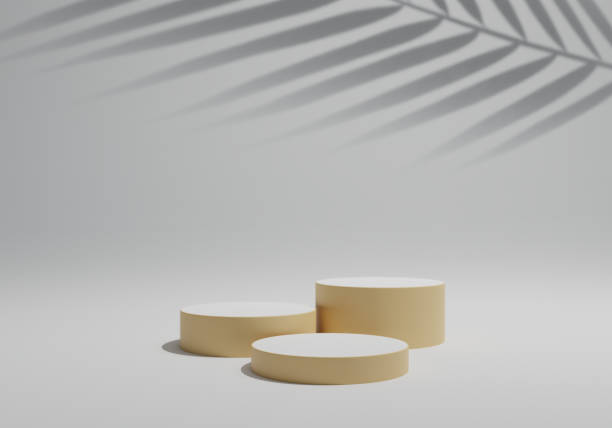 istock Abstract 3D realistic pastel cylinder pedestal podium set and palm leaf shadow overlay. Stage for showcase. Minimal scene for product display presentation. 3d rendering illustration. 1414336522