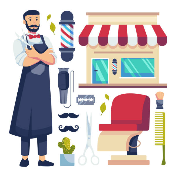 istock Young Hairdressers man and professional equipment cartoon vector 1414337651