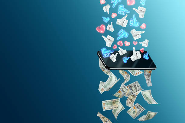 Content monetization, likes turn into dollars passing through the smartphone. The concept of new currency, social networks, freelancing, monetization of subscribers and followers.
