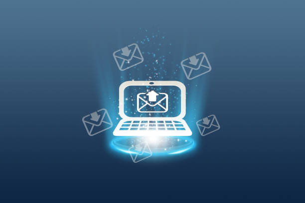 istock Concept for email marketing using a computer to send messages with an email address icon and an envelope icon. 3d redering 1414338934