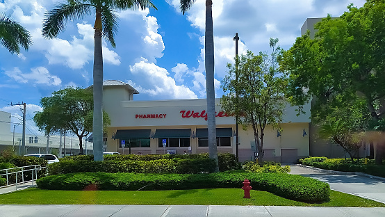 Fort Lauderdale, Florida, US - May 08, 2022: Walgreens pharmacy and goods location. Walgreens operates as the second-largest pharmacy store chain in the US.