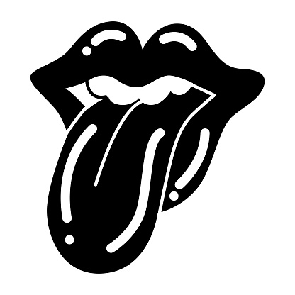 Smiling mouth with tongue hanging out. Vintage 80-90s rock and roll. Cartoon rock star icon for music band, concert, party. Punk doodle. Vector illustration. Isolated element on white background.