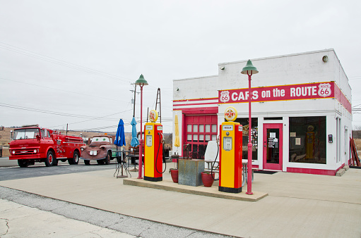 This little gas station turned shop and deli is about all that exists of Route 66 in Kansas.  Located in Galena, Kansas, the property has been updated with not only Route 66 memorabilia, but props from the movie, Cars are on site.