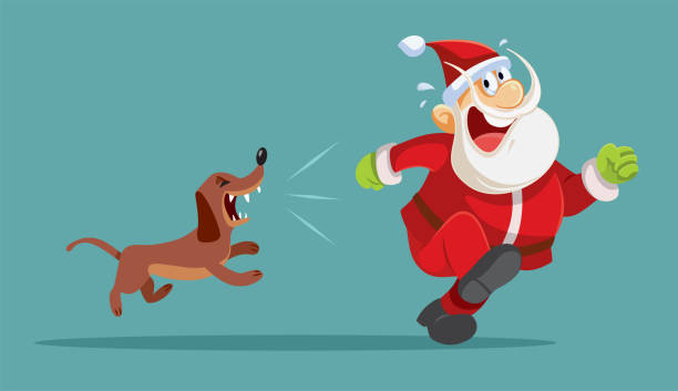 bildbanksillustrationer, clip art samt tecknat material och ikoner med santa claus running away from a barking dog vector cartoon - santa hat