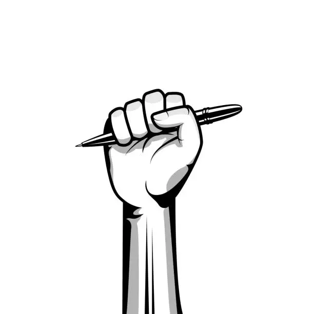 Vector illustration of Hand holding pencil vector illustration. Raised fist hand holding a pencil as a sign to claim freedom of expression.