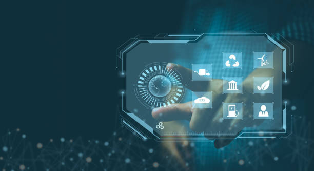 istock Businessman touching screen virtual icon eco energy sustainable environment digital technology concept. 1414348176