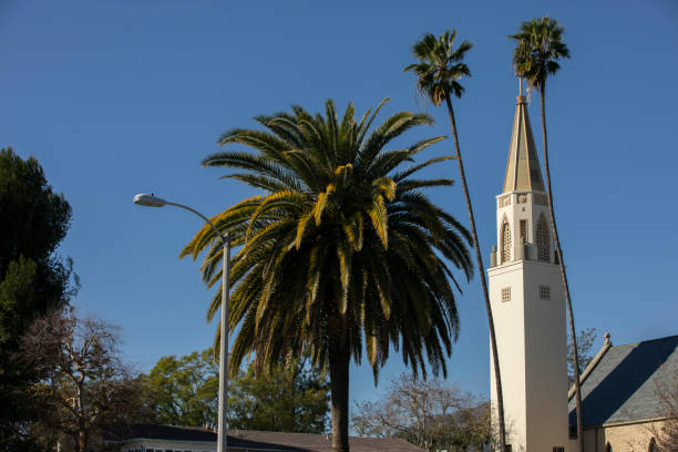 Afternoon view of a historic church in downtown Monrovia, California, USA.