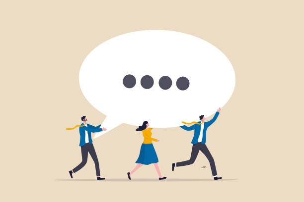 istock Team discussion, community or social feedback, communication or announcement dialog, team meeting concept, businessman and businesswoman team members help carrying big speech bubble with copy space. 1414351139