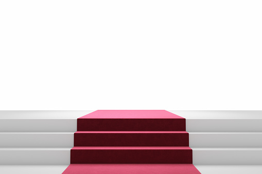 Middle red carpet white stairs step stage stand white background. Luxurious walkway to celebrations party display performances or Hollywood. copy space. Isolated with clipping path. 3D Illustration.