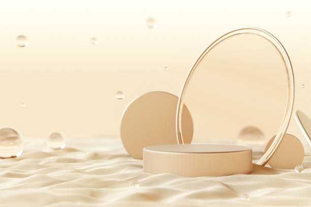Platform podium beach desert luxury elegant counter brand circle concept surface ring sand bubble glass display backdrop float beige gold light. cosmetic beauty products or skincare.