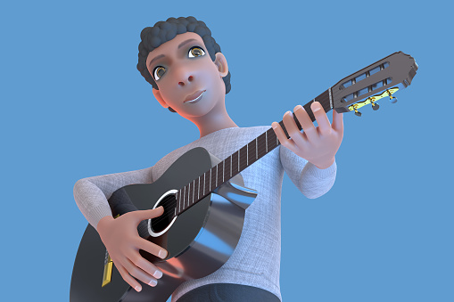 3D rendering of stylized character with guitar