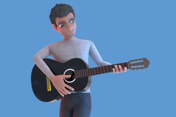 3D rendering of stylized character with guitar
