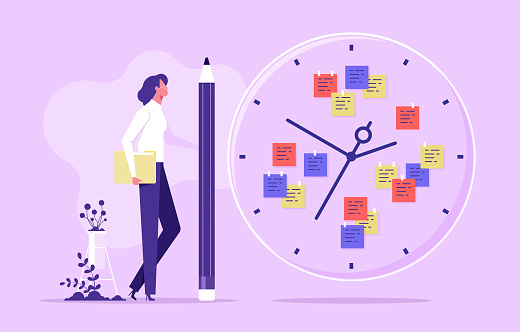Manage your time concept. Effective planning and time management. Efficiency and productivity at work, businesspeople holding clocks. Work planning and time organization vector illustration
