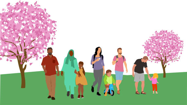 Family Crowd Walking Under Cherry Blossoms Flat design vector illustration with families from various ethnic background, cherry trees blooming in the park diverse family stock illustrations