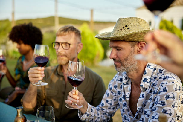 Gay male couple in 40s and 50s enjoying wine tasting Waist-up view of men sitting at outdoor table in afternoon sunlight, holding glasses of red wine by the stem, and examining color and clarity. tourist couple candid travel stock pictures, royalty-free photos & images