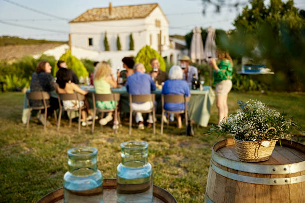 grupo de degustação de vinhos à mesa ao ar livre no final da tarde - quinta orgânica - fotografias e filmes do acervo