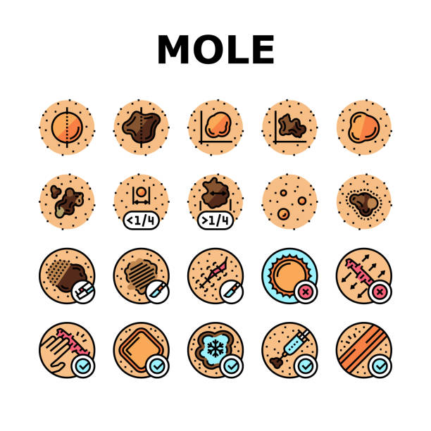 mole skin problem and disease ikony ustaw wektor - melanoma mole human skin dermatology stock illustrations