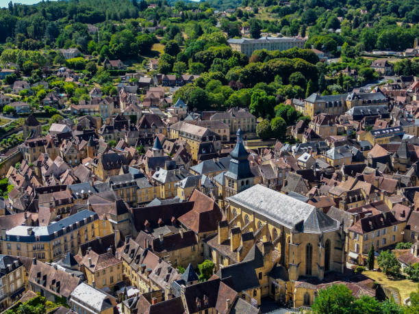 Aerial view of Sarlat la caneda town, in Perigord, Dordogne, France Aerial view of Sarlat la caneda town, in Perigord, Dordogne, France, High quality photo sarlat la caneda stock pictures, royalty-free photos & images