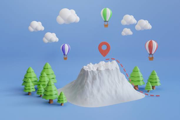 istock The mountains are surrounded by pine trees and clouds on a blue background. 3D rendering. Touristic backpack with map and compass 1414360736