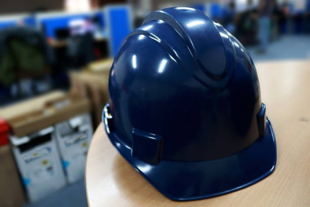 istock Blue safety helmet complete with suspension and chin strap 1414361115