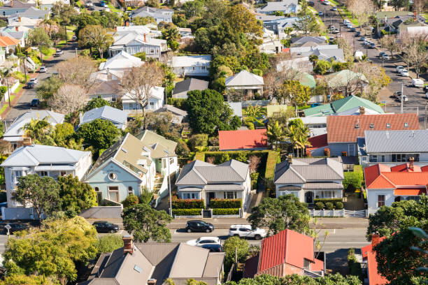 istock Aerial view above suburb houses. 1414362355